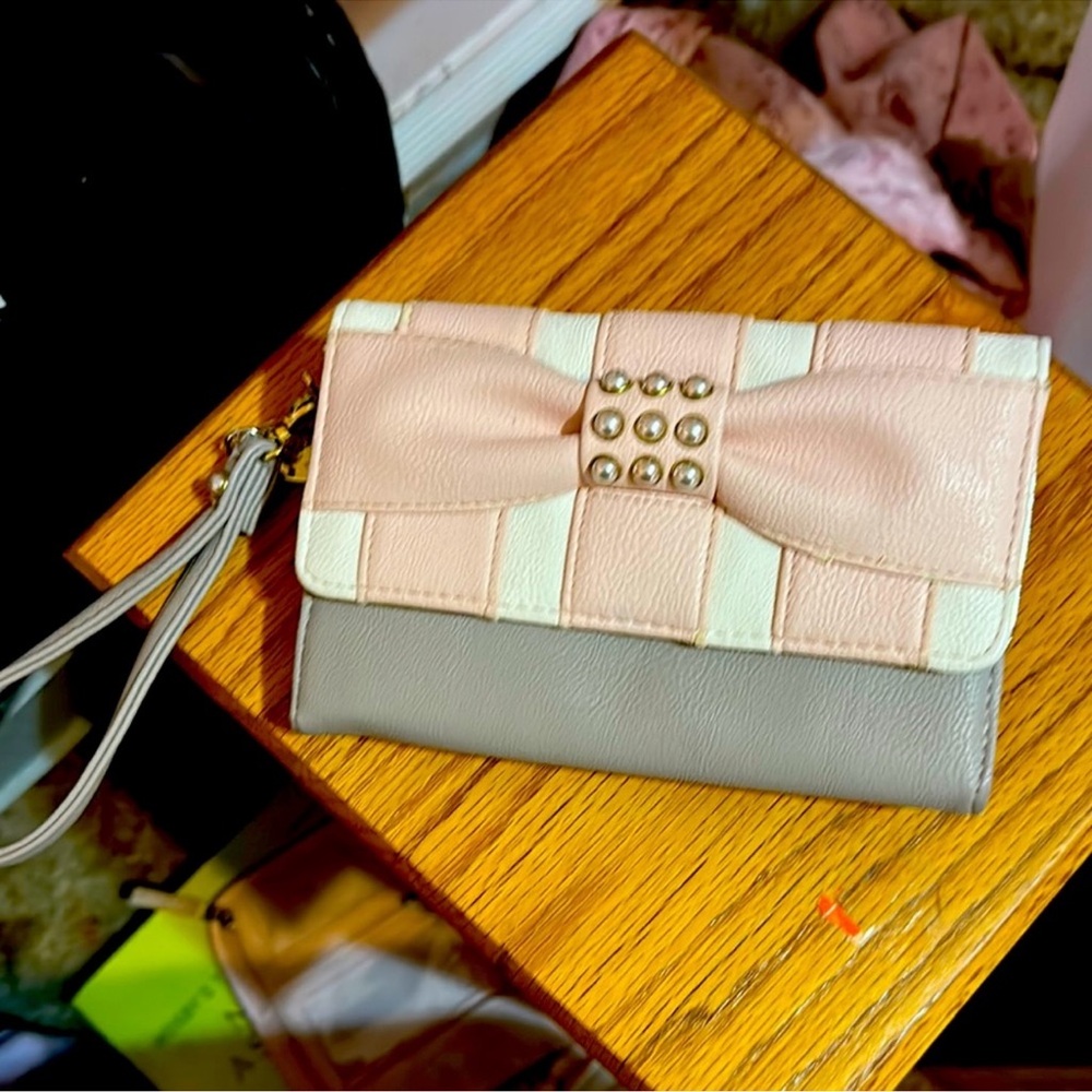 Betsey Johnson Pink and Gray Studded Clutch
